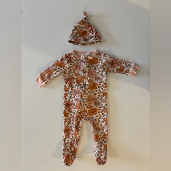 Floral Infant One Piece in Orange and Pink with Matching Hat - Picture 8 of 8